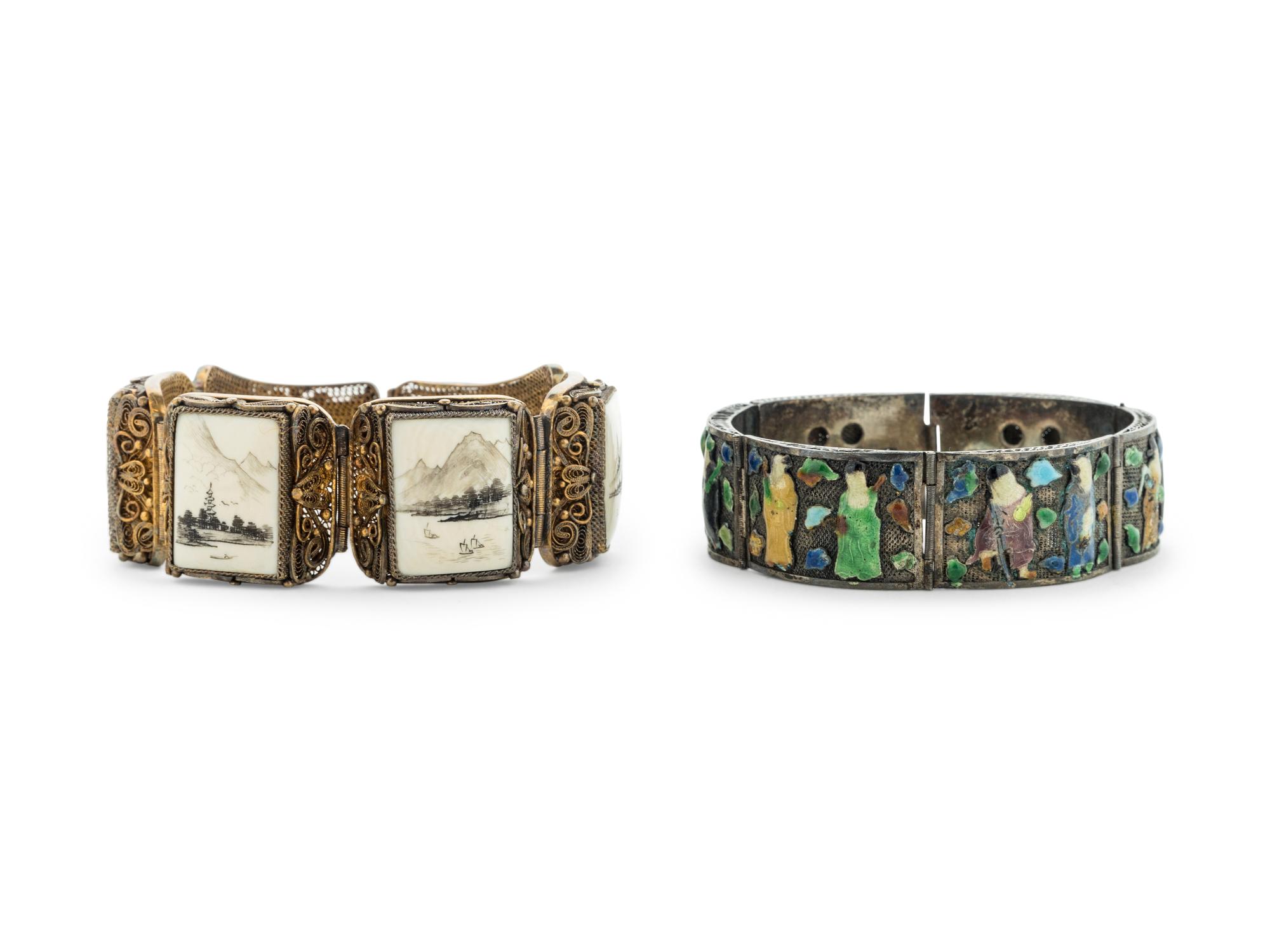 Two Chinese Inlaid and Enameled Metal Filigree Bracelets