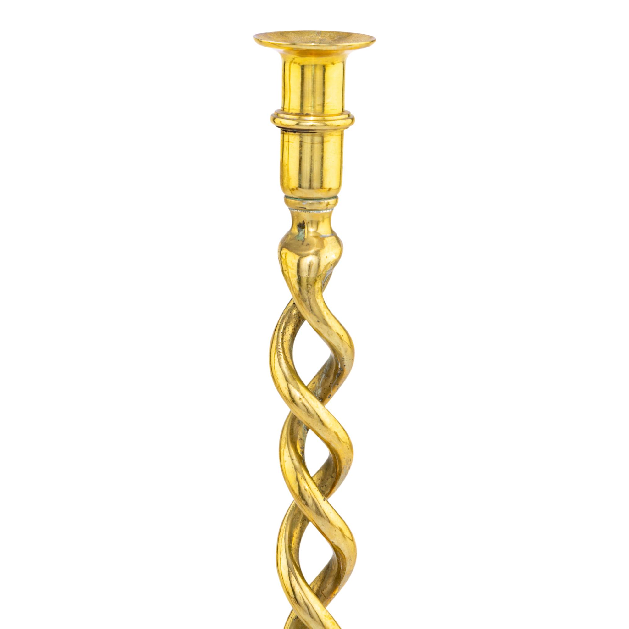 A Large Pair of English Brass Barleytwist Candlesticks