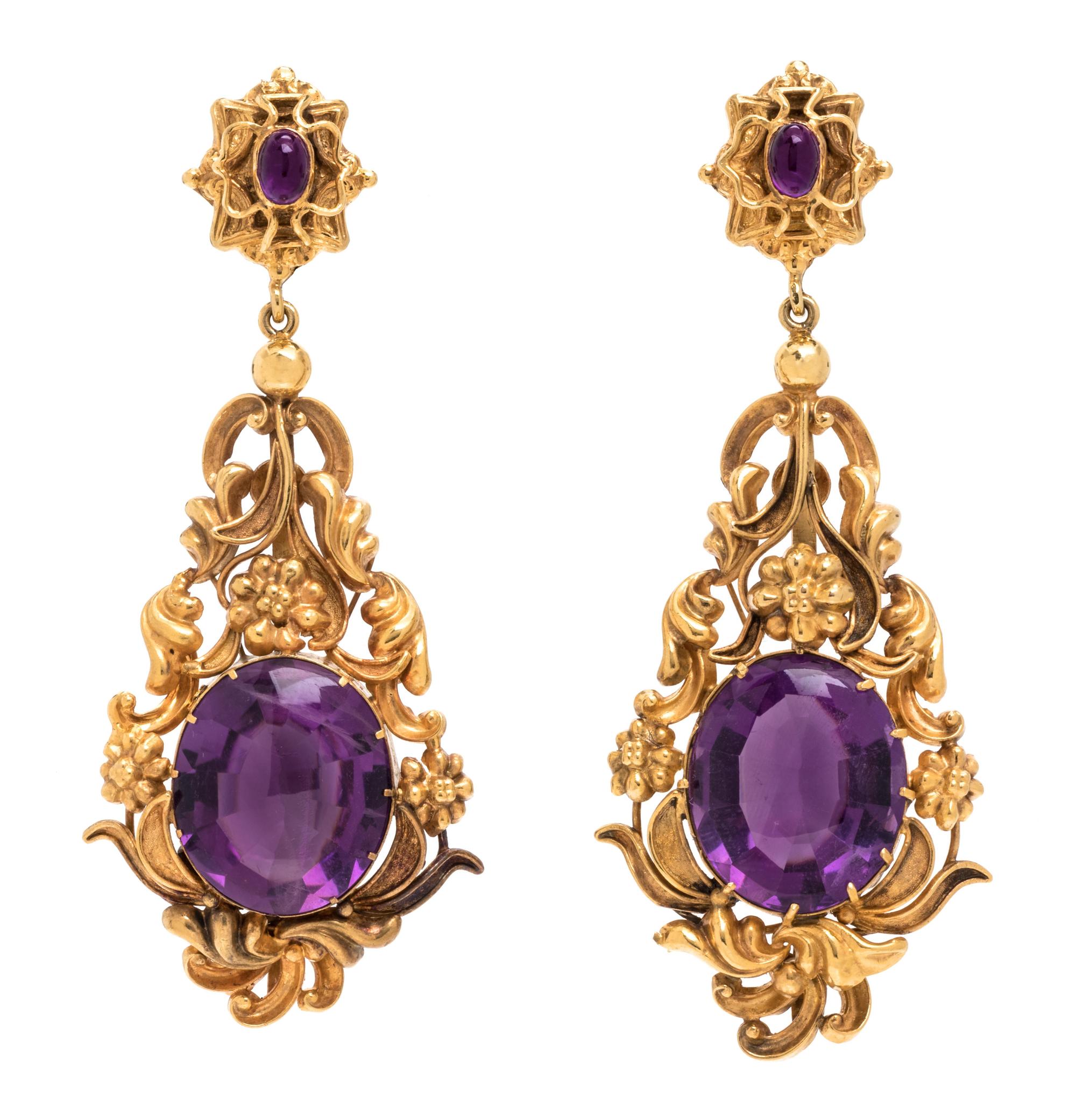 YELLOW GOLD AND AMETHYST EARCLIPS