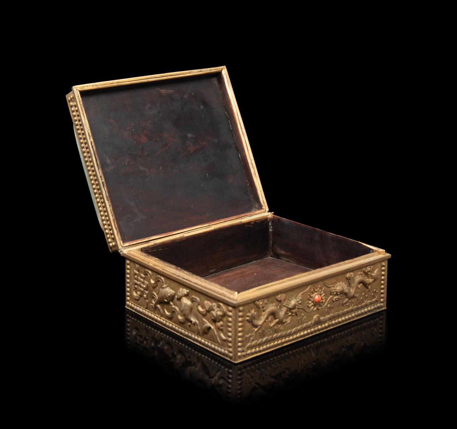 A Celadon Jade Inset Brass Box