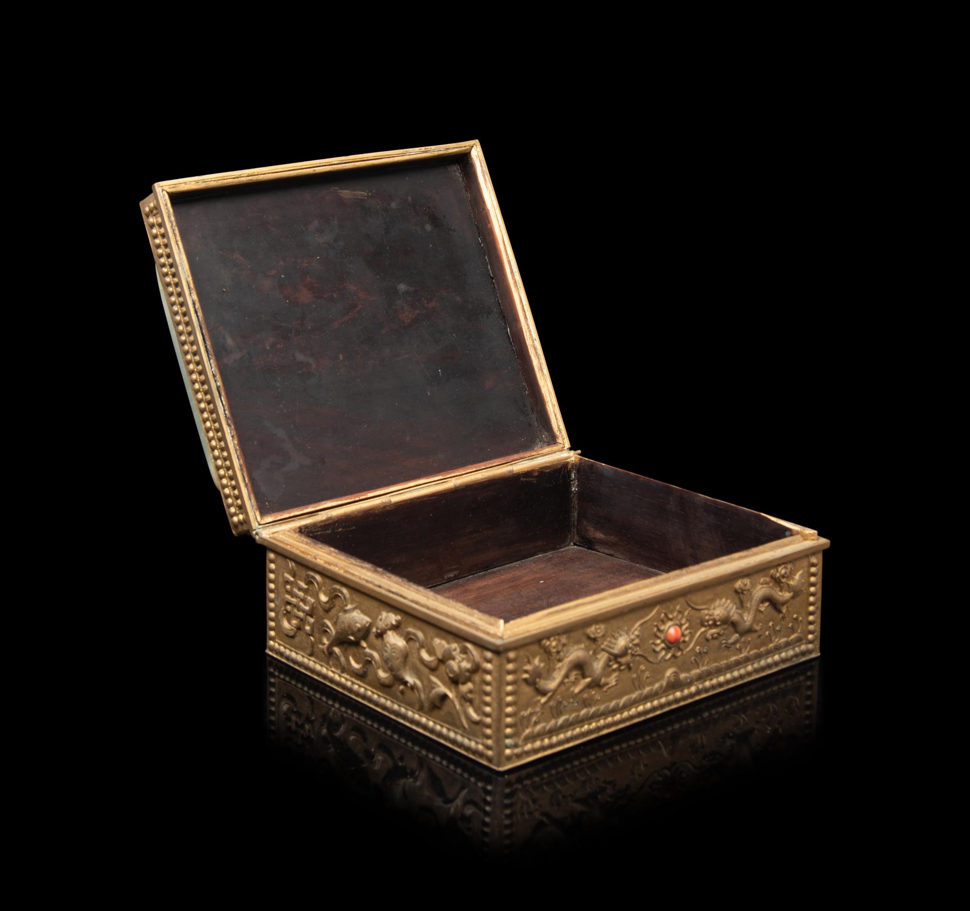 A Celadon Jade Inset Brass Box