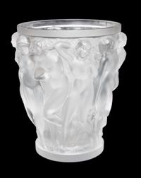 A Lalique Molded and Frosted Glass Vase Height 9 5/8 inches.