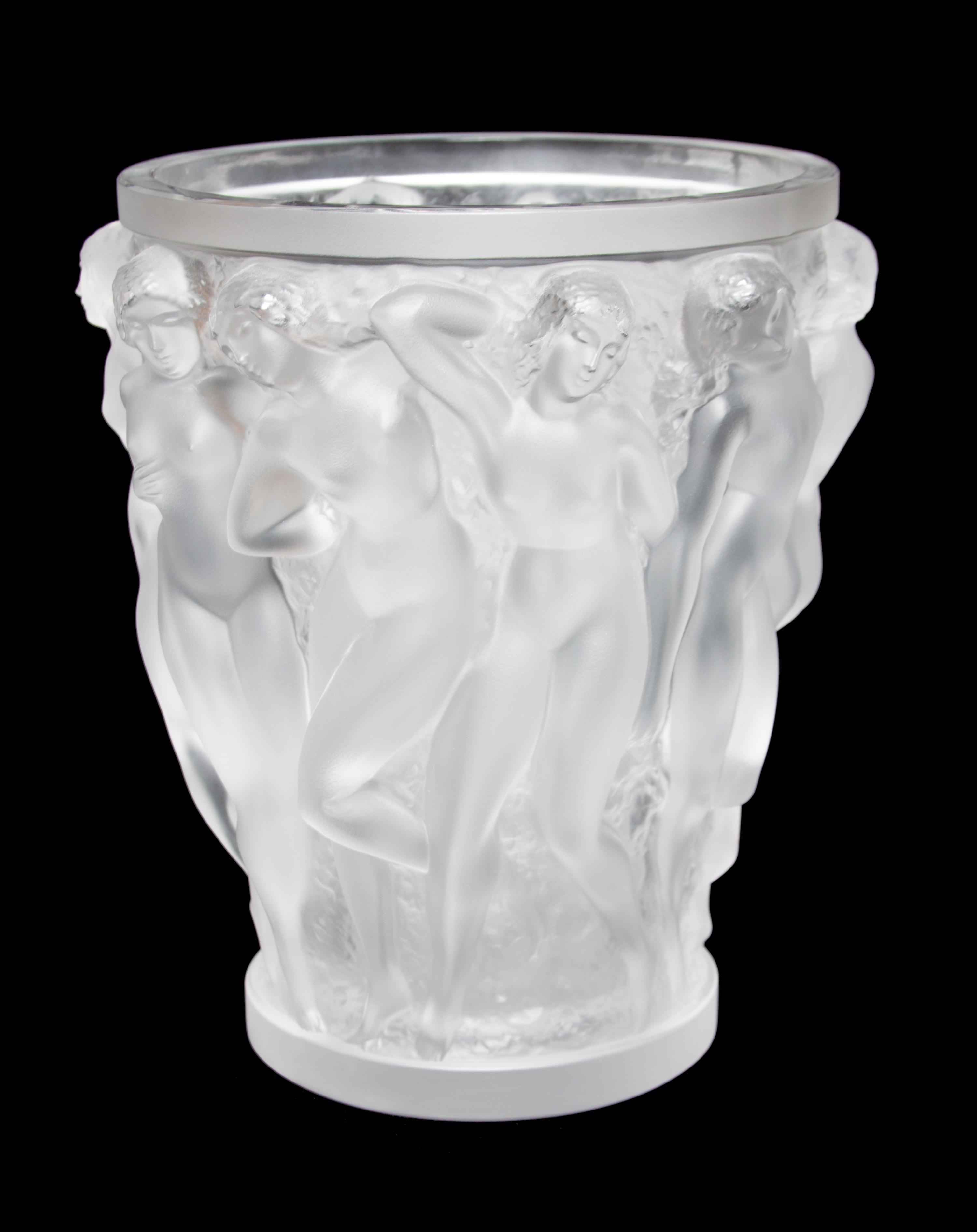 A Lalique Molded and Frosted Glass Vase Height 9 5/8 inches.