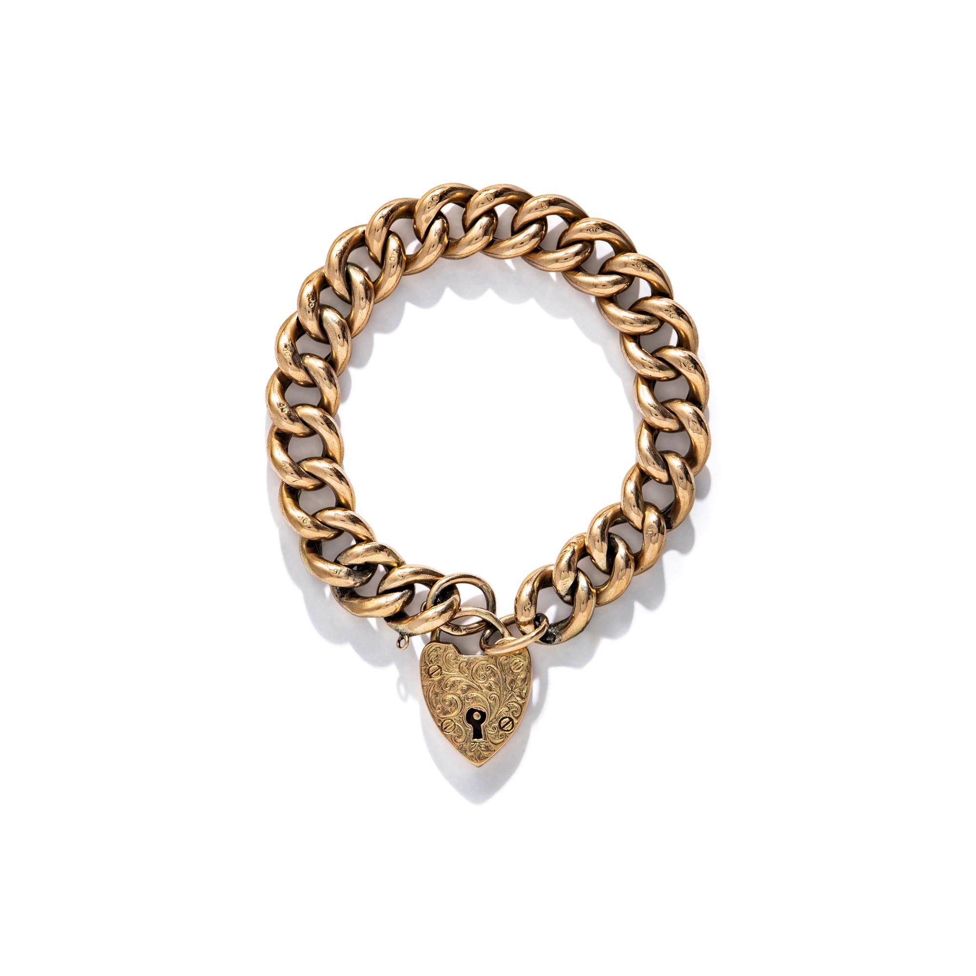 VICTORIAN, LOW-KARAT ROSE GOLD CHAIN BRACELET WITH HEART LOCK CHARM
