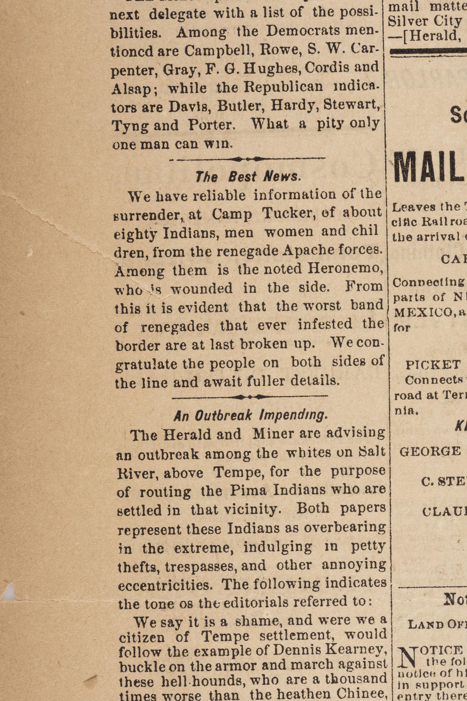 [NATIVE AMERICANS]. Coverage of Geronimo and his band of Apache warriors featured in Daily Arizona Citizen . Vol. 1, No. 224. Tucson, Arizona Territory. 23 December 1879.