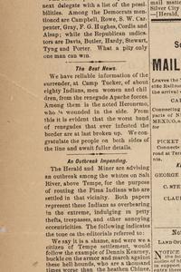 [NATIVE AMERICANS]. Coverage of Geronimo and his band of Apache warriors featured in Daily Arizona Citizen . Vol. 1, No. 224. Tucson, Arizona Territory. 23 December 1879.