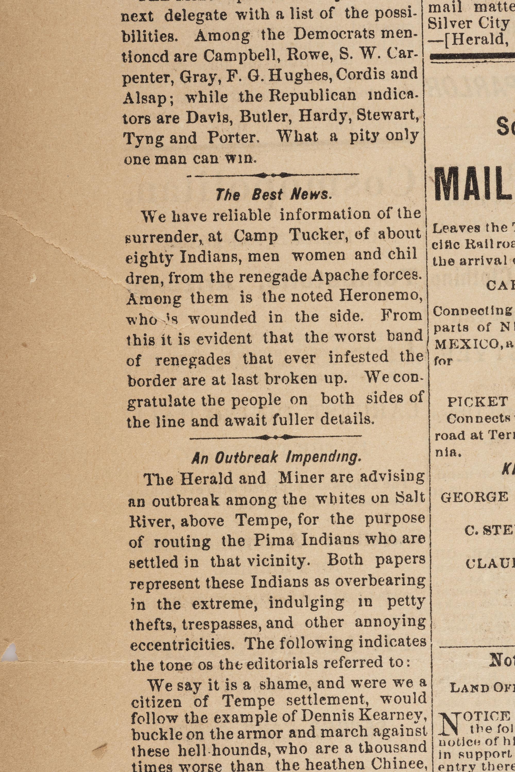 [NATIVE AMERICANS]. Coverage of Geronimo and his band of Apache warriors featured in Daily Arizona Citizen . Vol. 1, No. 224. Tucson, Arizona Territory. 23 December 1879.