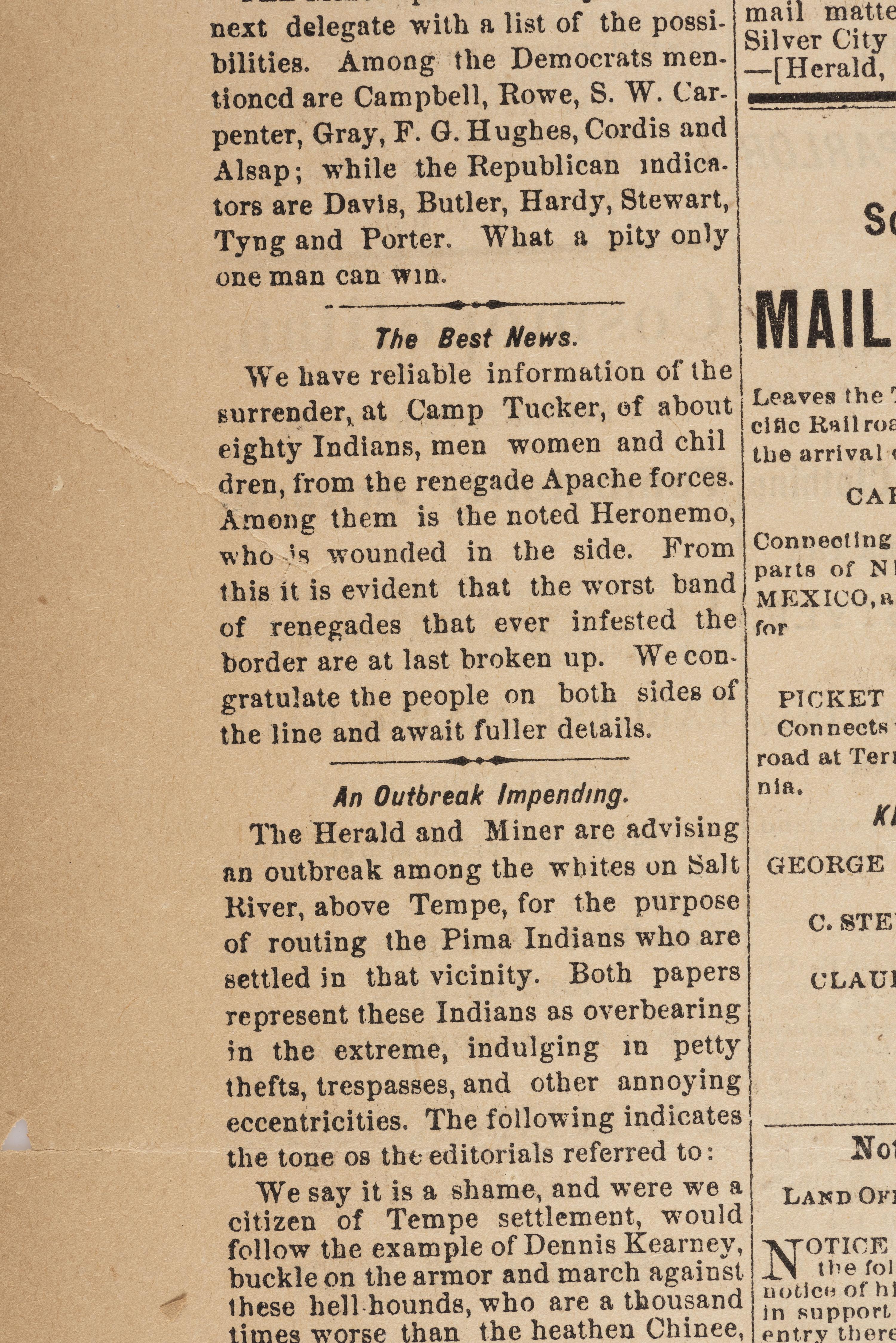 [NATIVE AMERICANS]. Coverage of Geronimo and his band of Apache warriors featured in Daily Arizona Citizen . Vol. 1, No. 224. Tucson, Arizona Territory. 23 December 1879.