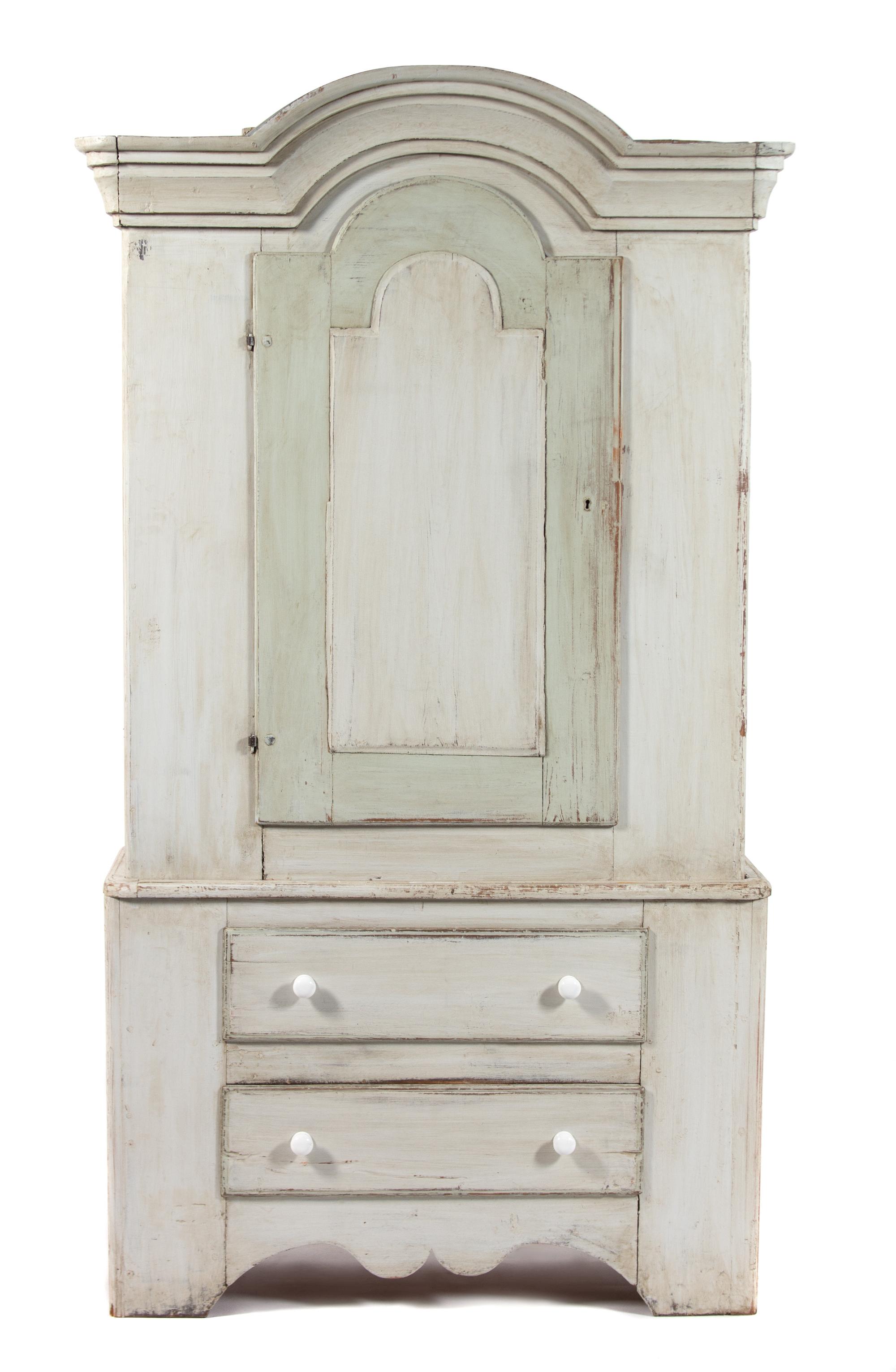 A Scandanavian Grey Painted Pine Cabinet Height 77 x width 43 x depth 16 1/2 inches. — 19TH CENTURY