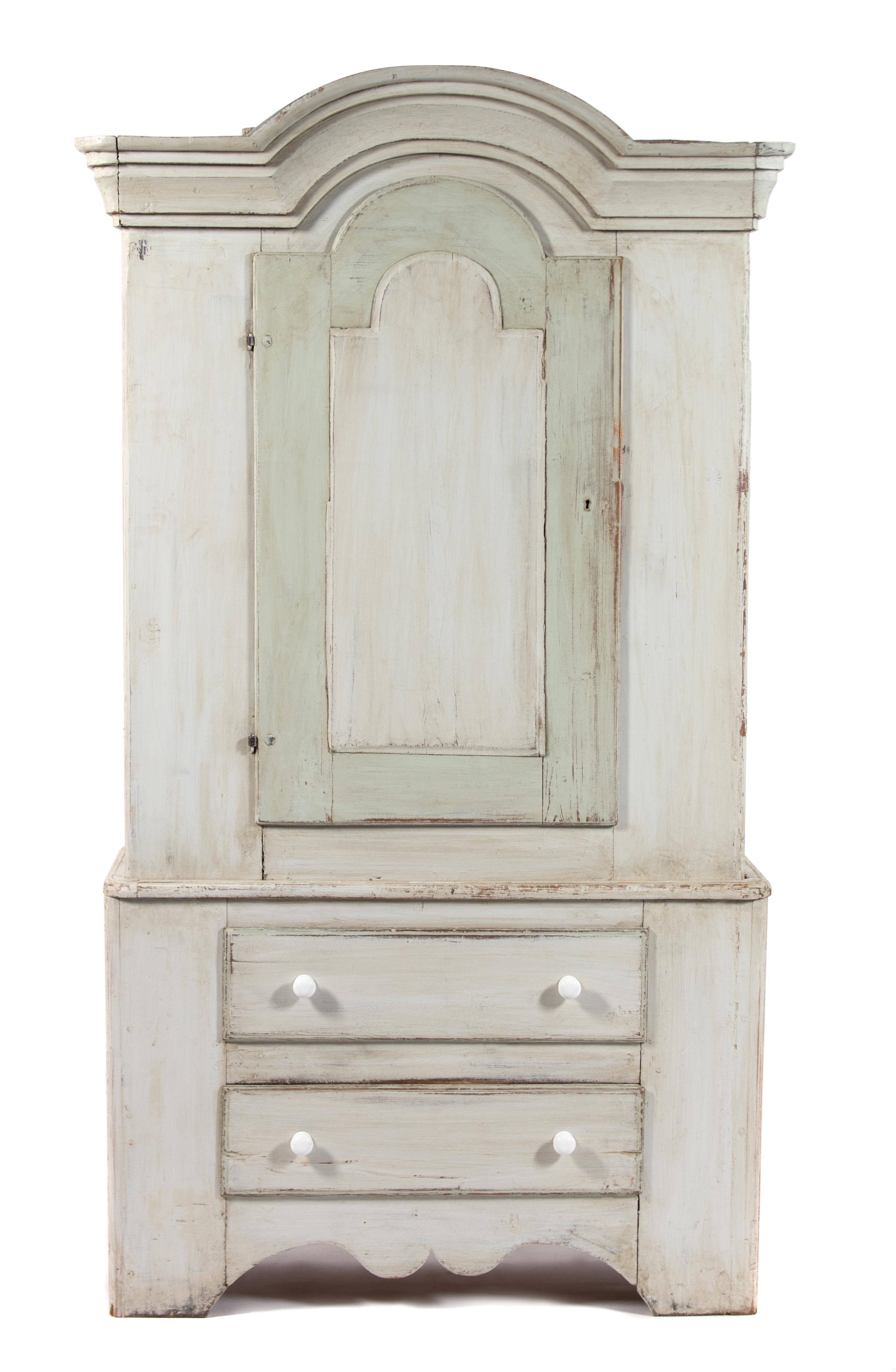 A Scandanavian Grey Painted Pine Cabinet Height 77 x width 43 x depth 16 1/2 inches. — 19TH CENTURY