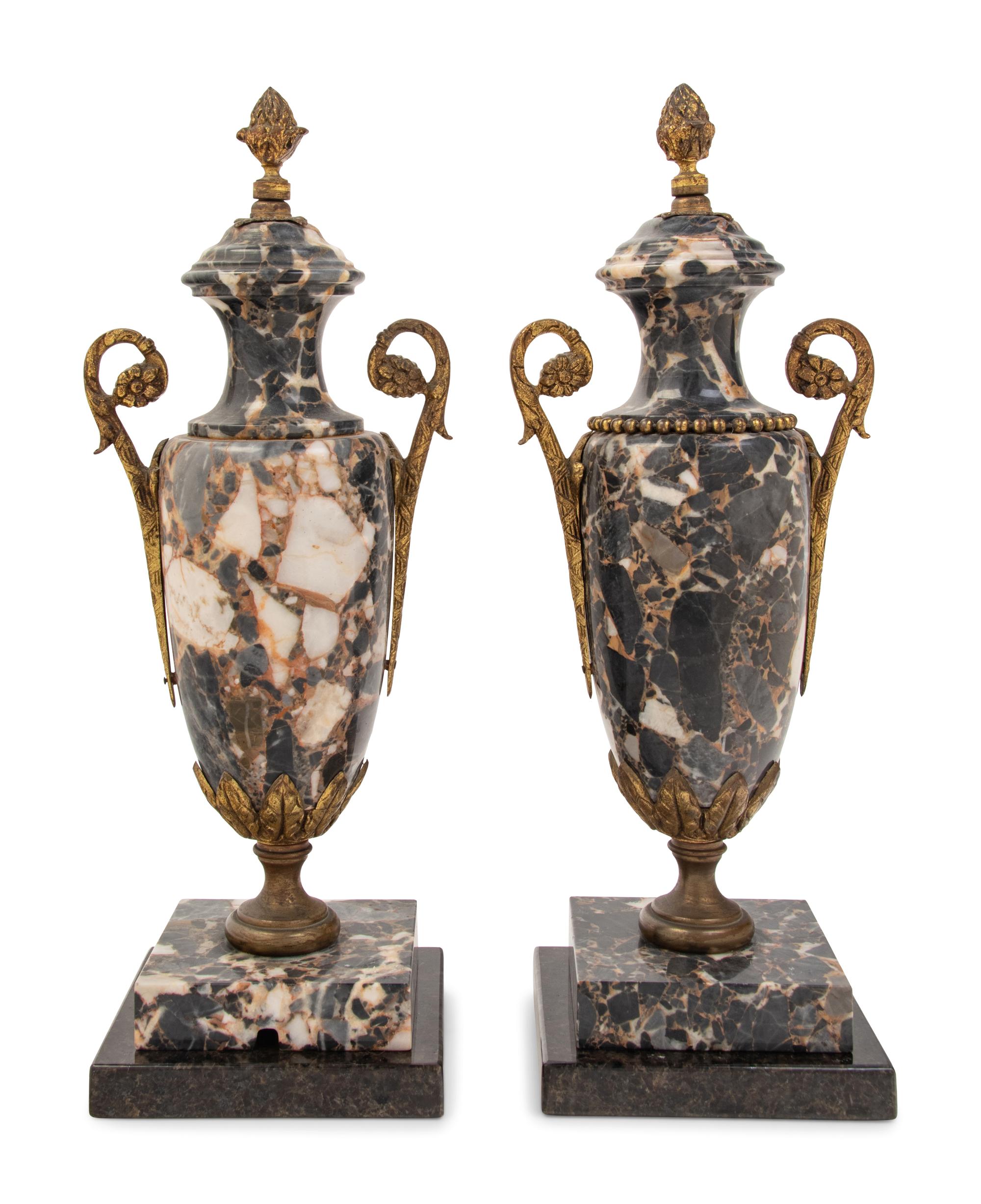 A Pair of Continental Gilt Metal Mounted Marble Urn Ornaments