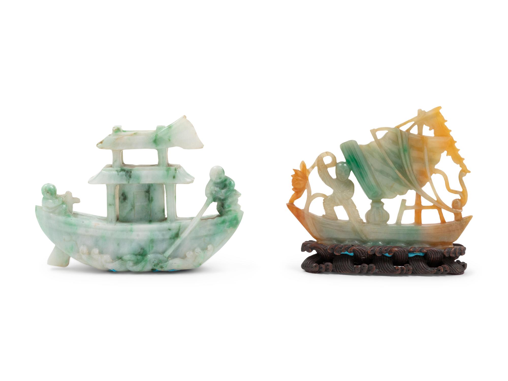 Two Chinese Jadeite Carvings of Boats