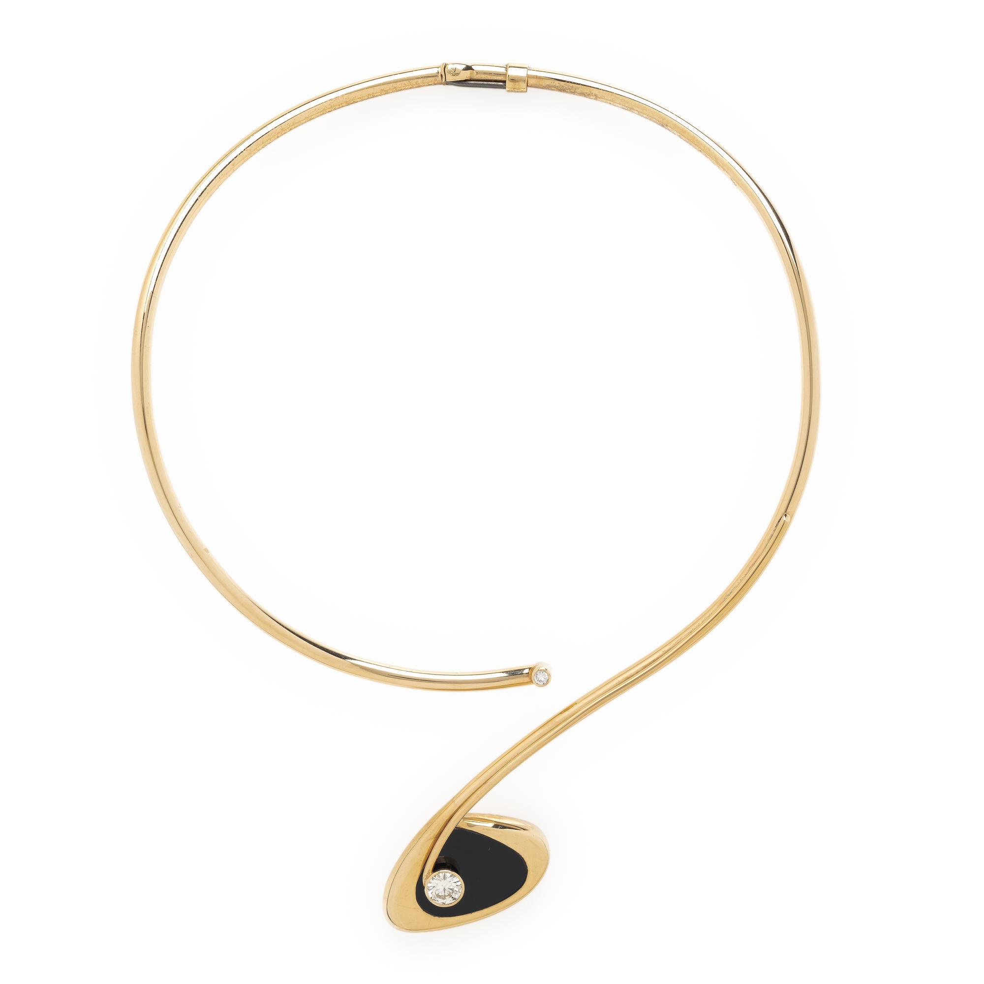 YELLOW GOLD, ONYX, AND DIAMOND TORQUE NECKLACE