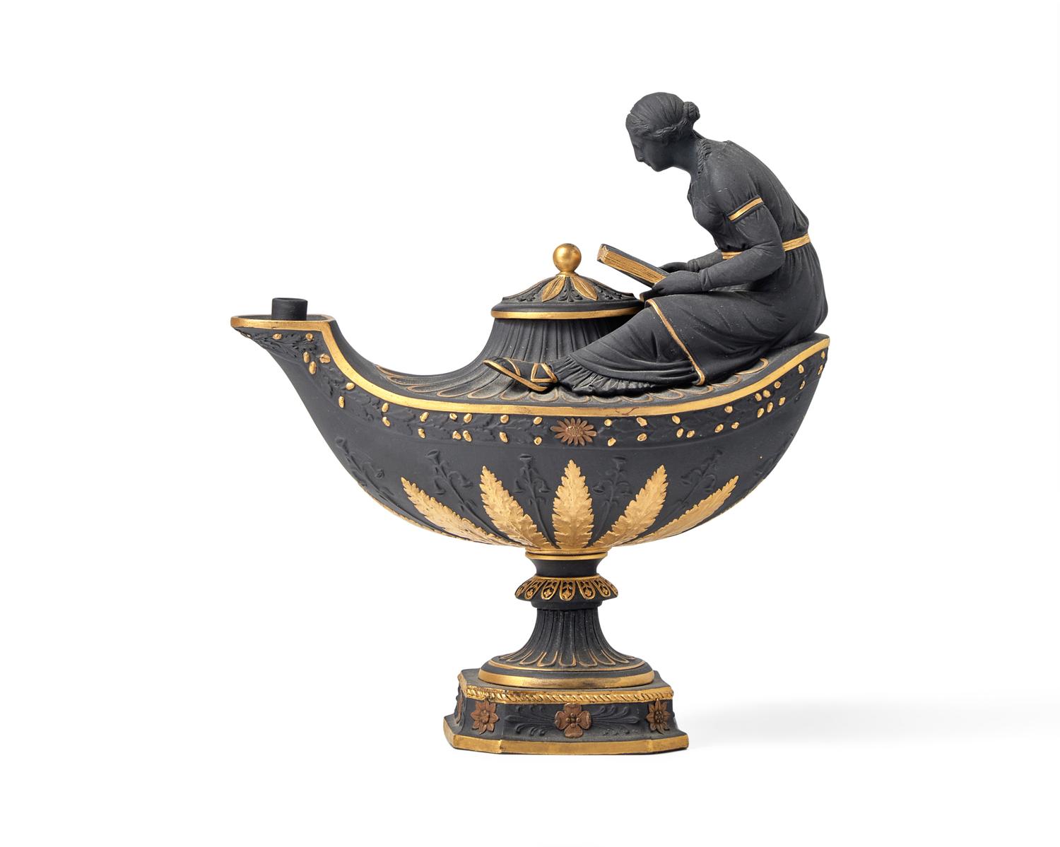 A Wedgwood Neoclassical Black Basalt and Parcel-Gilt Oil Lamp