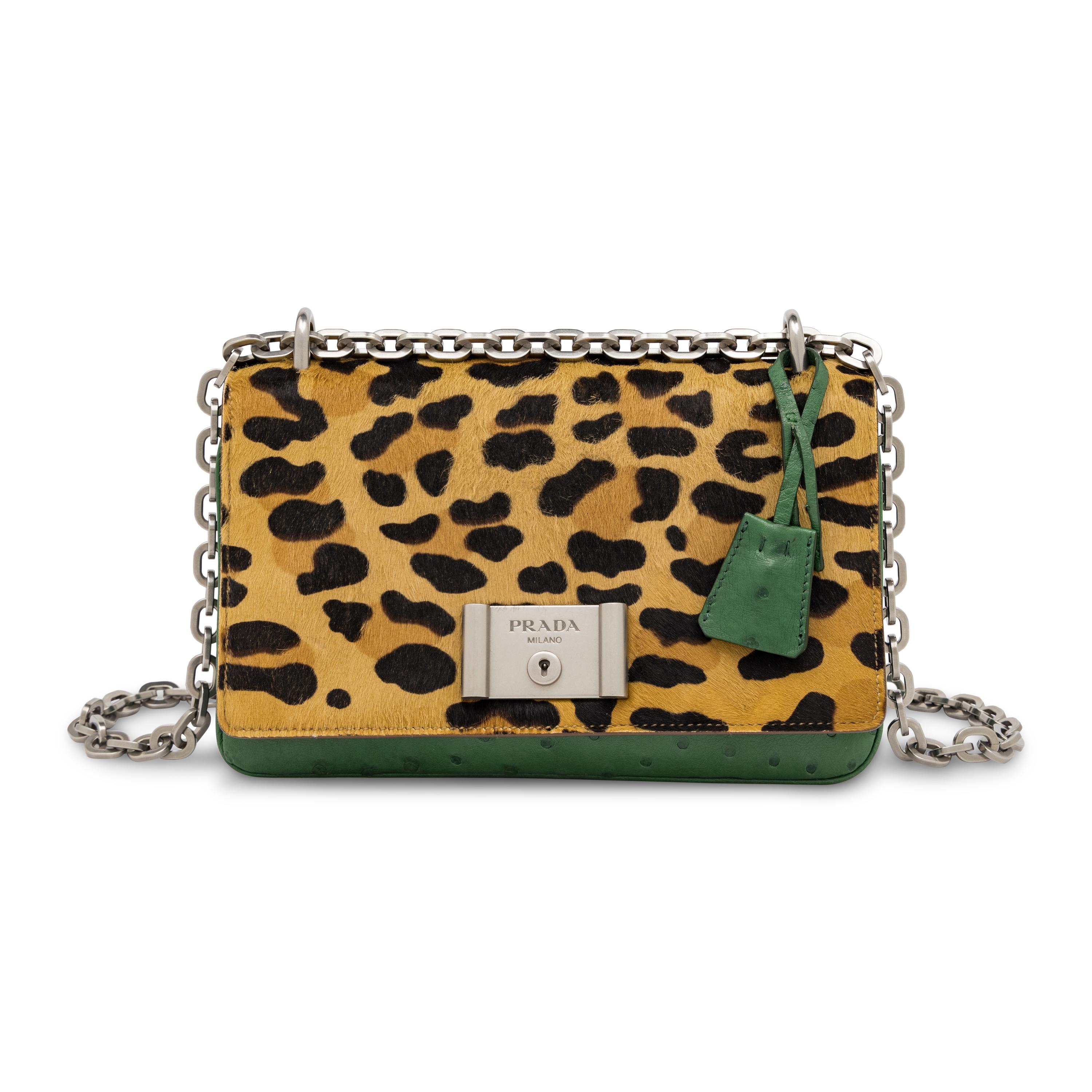 Prada, Shoulder Bag in Leopard-Print Pony Hair & Green Ostrich