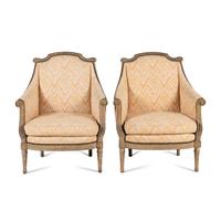 A Pair of Louis XVI Style Carved and Grey-Painted Bergères