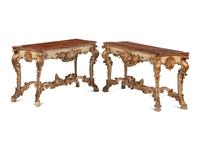 A Pair of Italian Painted and Parcel Gilt Console Tables with Faux Marble Tops
