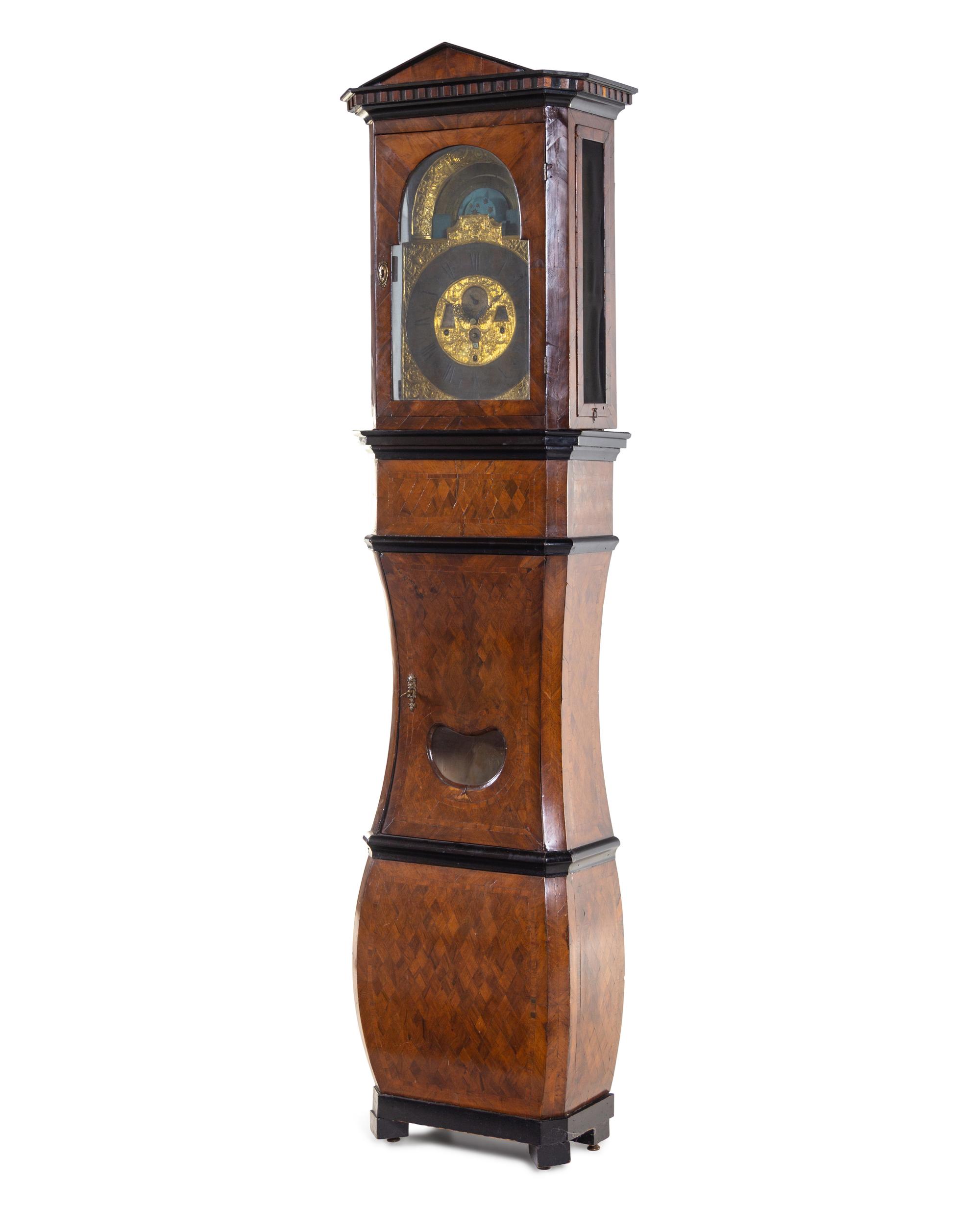 A German Parcel Ebonized Parquetry Case Clock