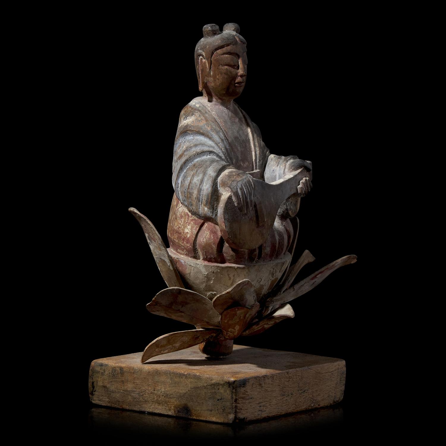 A Japanese Horyu-Ji Style Carved and Painted Wood Figure of a Celestial Musician, 19th Century or Earlier