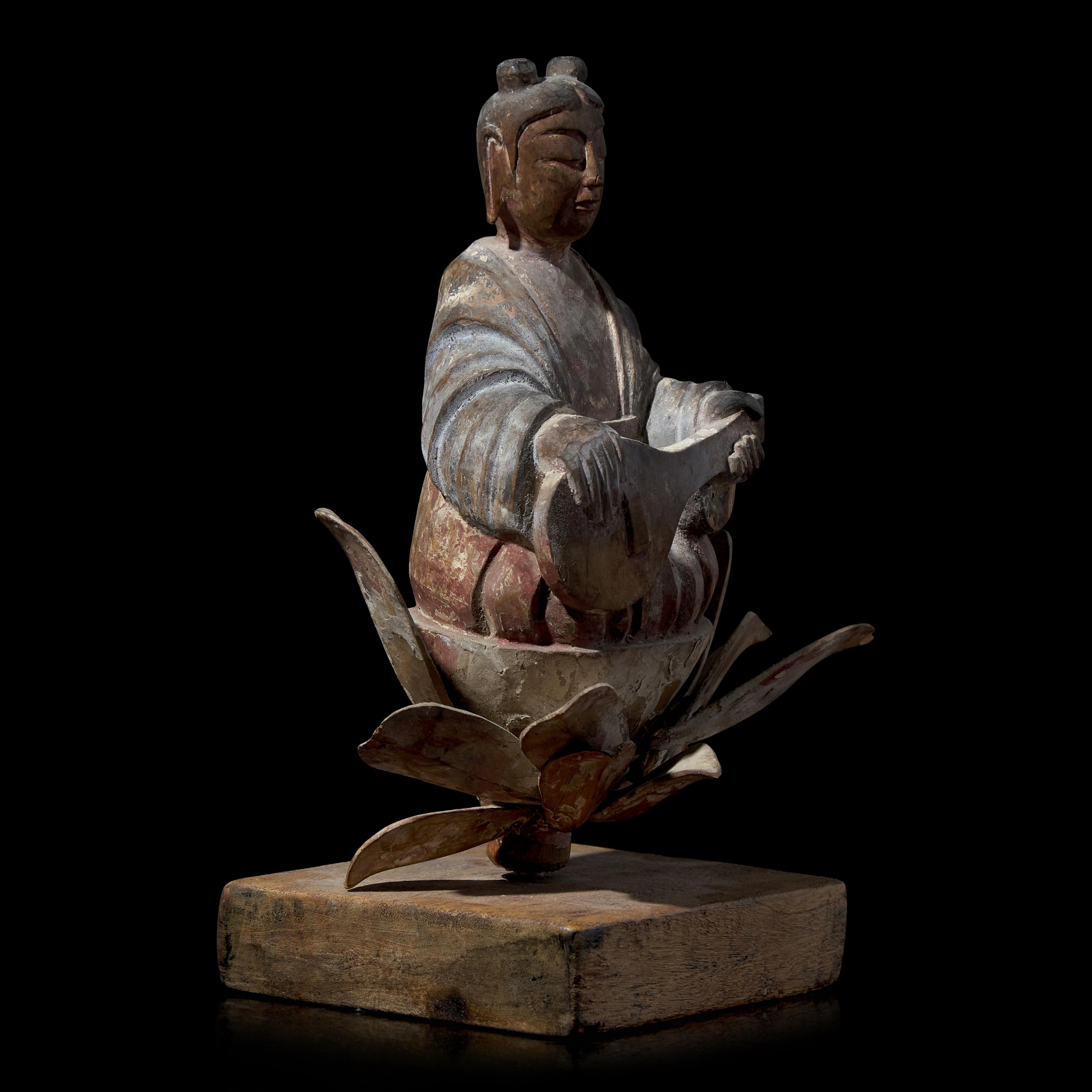 A Japanese Horyu-Ji Style Carved and Painted Wood Figure of a Celestial Musician, 19th Century or Earlier