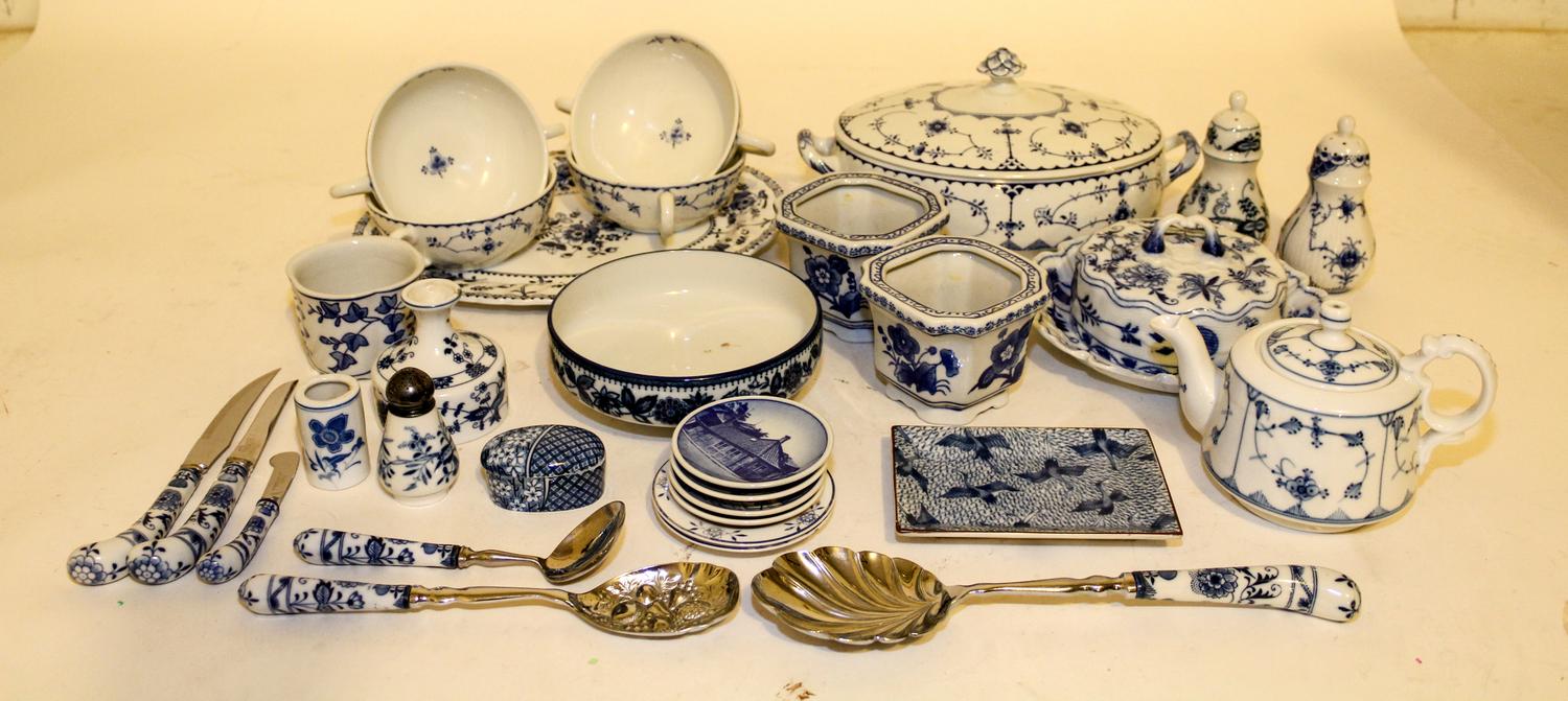 An Assortment of Blue Onion and Blue and White Porcelain Articles Width of widest over handles 12 inches.