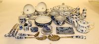 An Assortment of Blue Onion and Blue and White Porcelain Articles Width of widest over handles 12 inches.