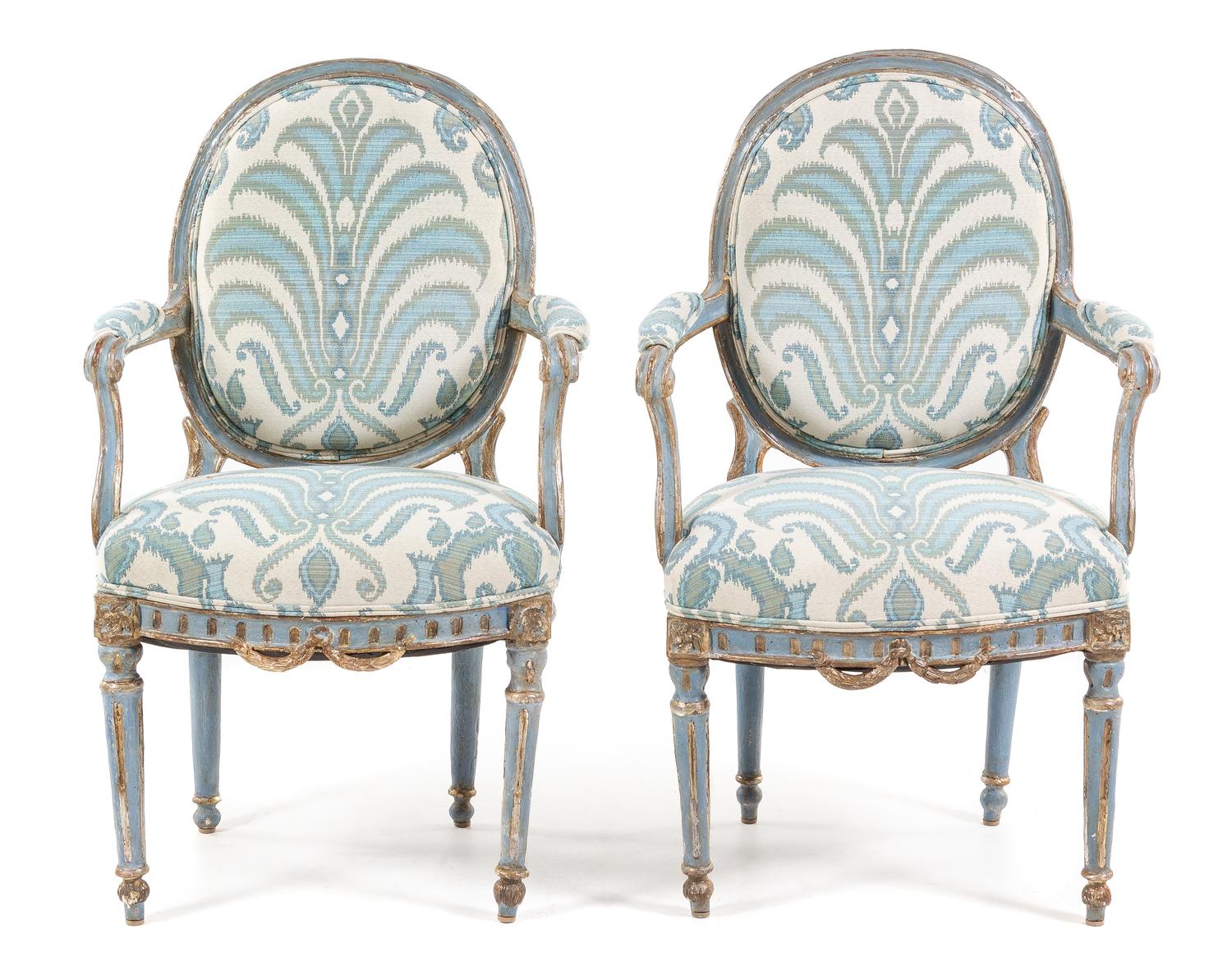 A Pair of Louis XVI Style Painted and Parcel Gilt Fauteuils Height 37 1/2 inches. — 19TH CENTURY