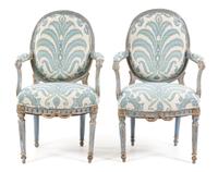 A Pair of Louis XVI Style Painted and Parcel Gilt Fauteuils Height 37 1/2 inches. — 19TH CENTURY