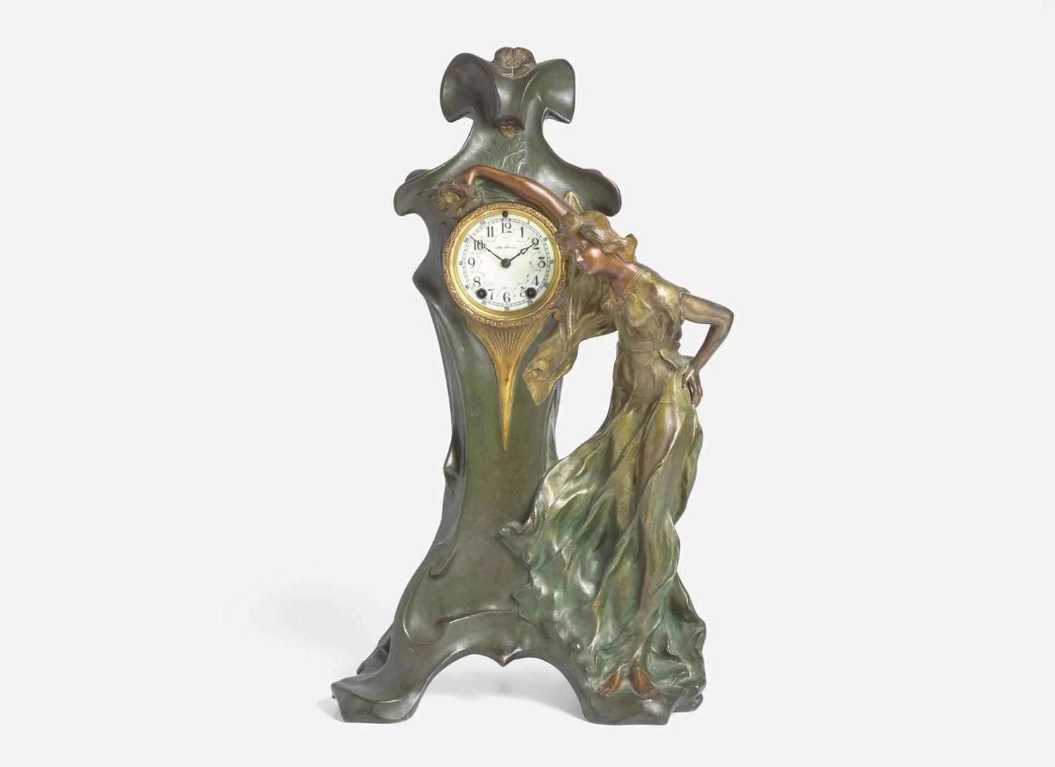 An Art Nouveau figural cold-painted bronze clock, Seth Thomas Clock Co. (founded 1813), Thomaston, CT, circa 1890