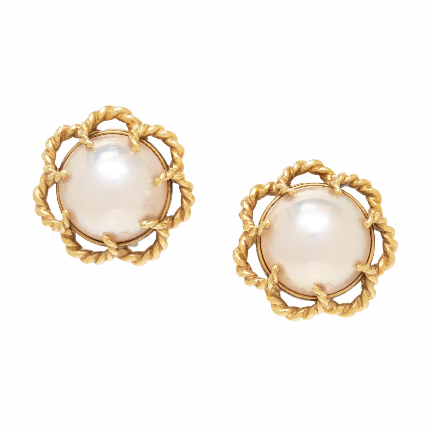 TIFFANY AND CO., MABÉ PEARL AND YELLOW GOLD EARRINGS