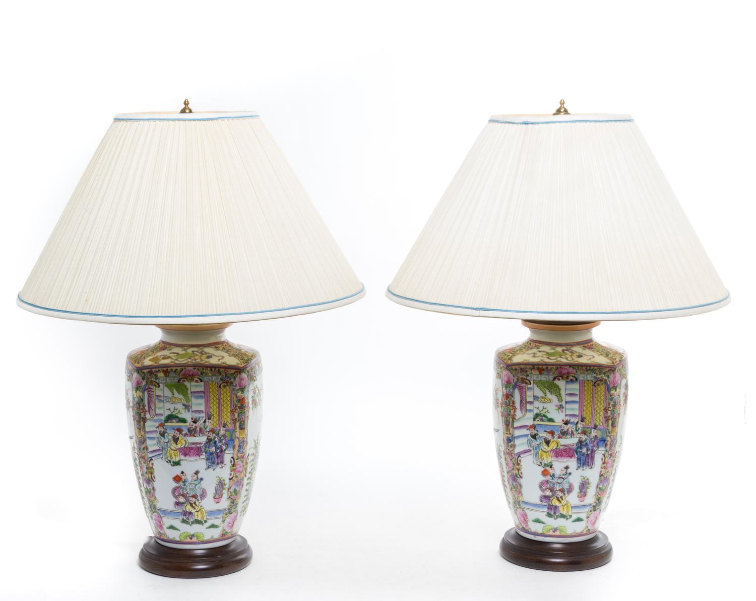 A Pair of Chinese Export Porcelain Vases Mounted as Lamps Height overall 26 inches. — 20TH CENTURY
