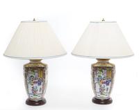 A Pair of Chinese Export Porcelain Vases Mounted as Lamps Height overall 26 inches. — 20TH CENTURY