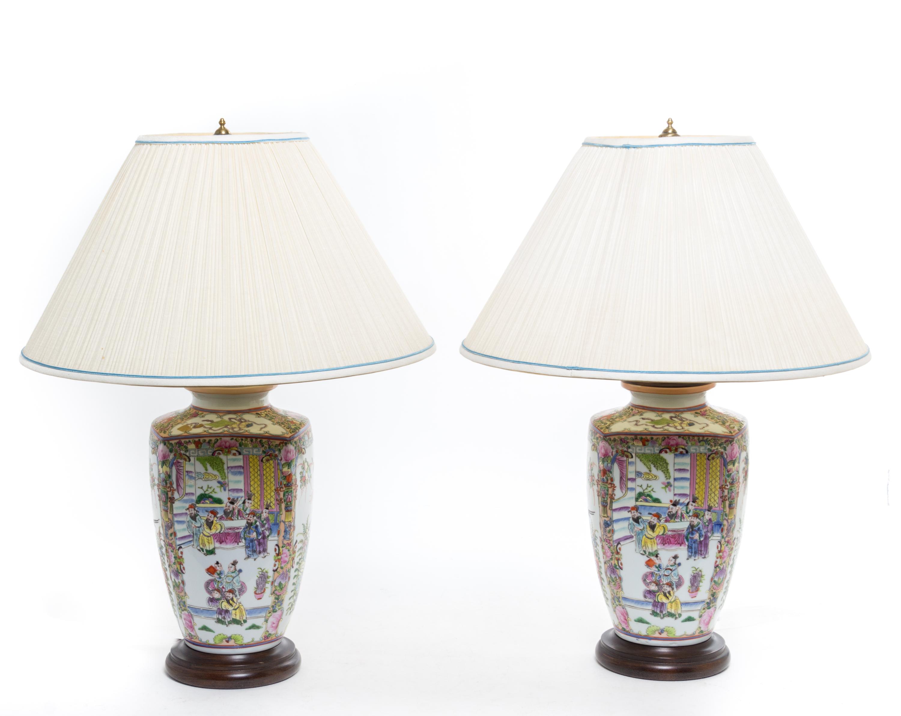A Pair of Chinese Export Porcelain Vases Mounted as Lamps Height overall 26 inches. — 20TH CENTURY