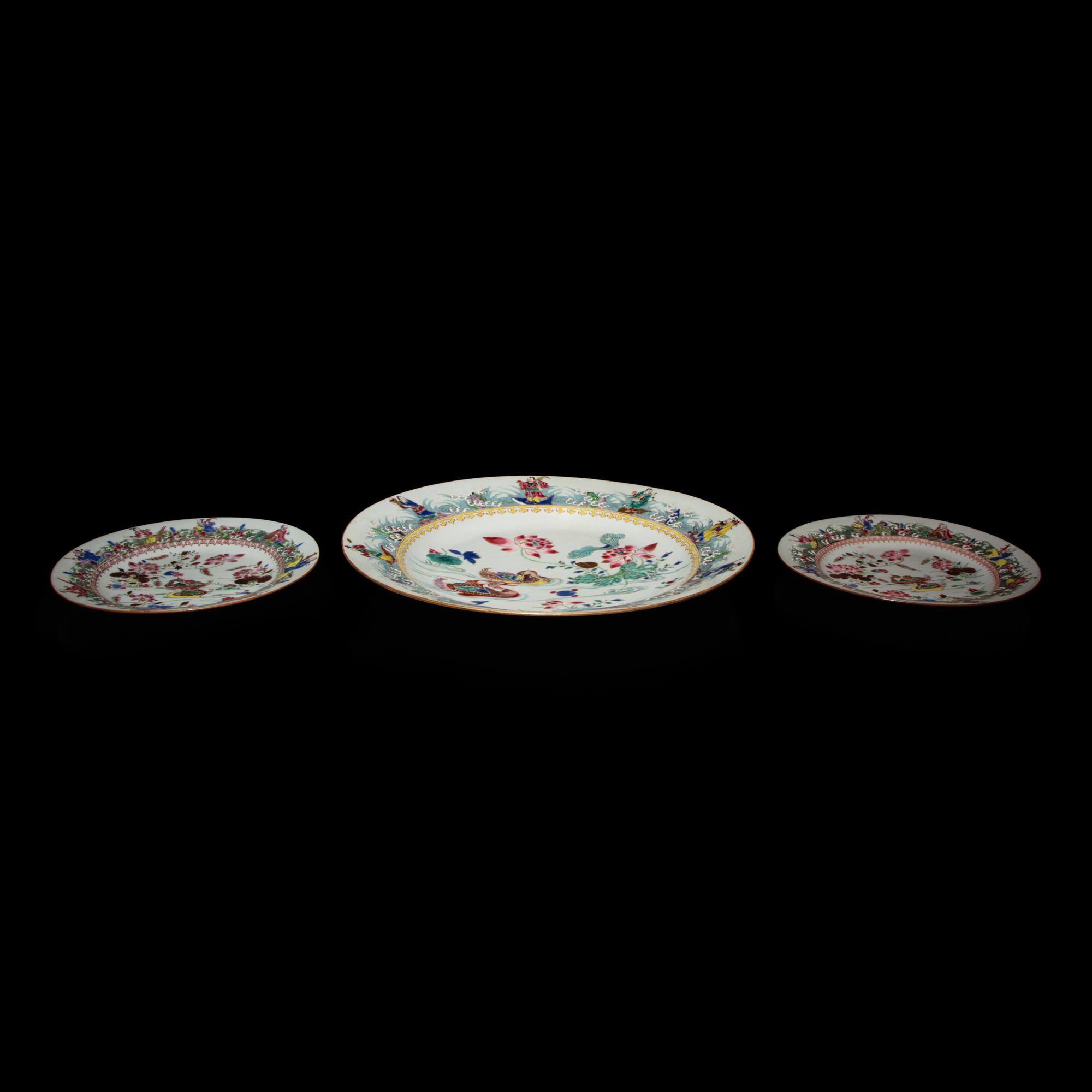 Three Chinese Export Porcelain "Mandarin Ducks and Immortals" Dishes, 18th Century — 清中期 外銷粉彩蓮塘雙鴨圖賞盤三件