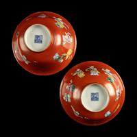 A Pair of Chinese Coral-Red Ground Famille Rose Porcelain Bowls, Late 19th-20th Century — 清晚期 珊瑚紅地粉彩童子圖碗一對