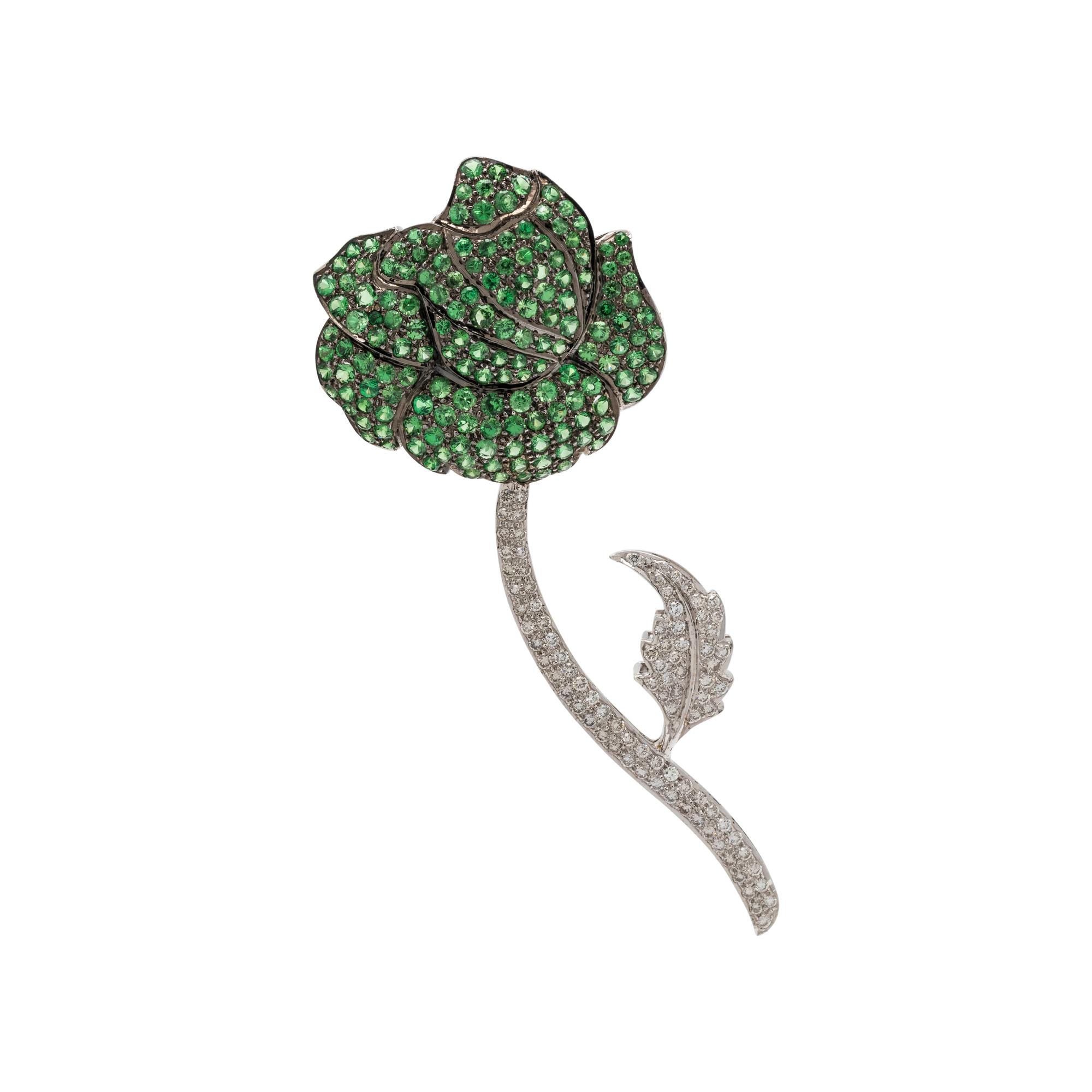 TSAVORITE GARNET AND DIAMOND FLOWER BROOCH