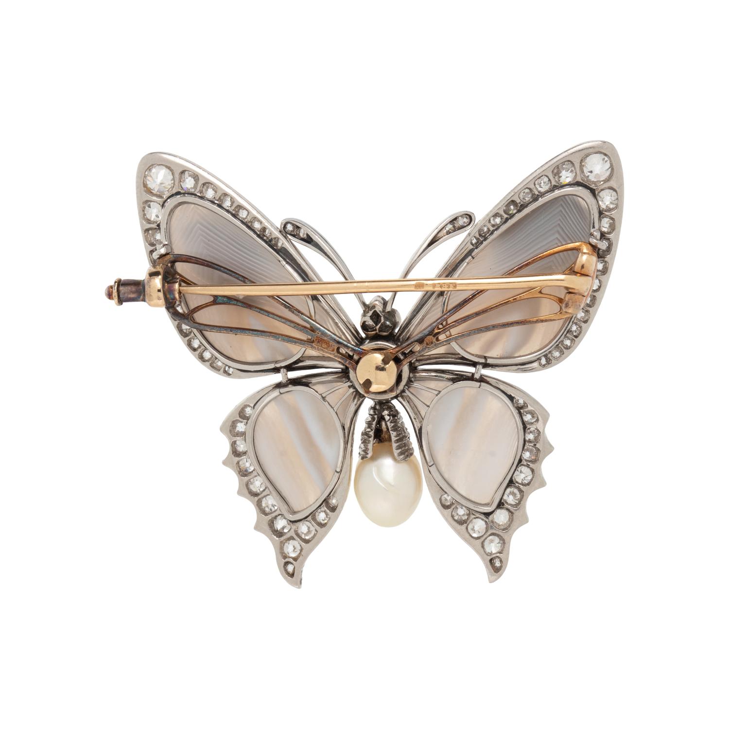 BANDED AGATE, DIAMOND, AND CULTURED PEARL BUTTERFLY BROOCH