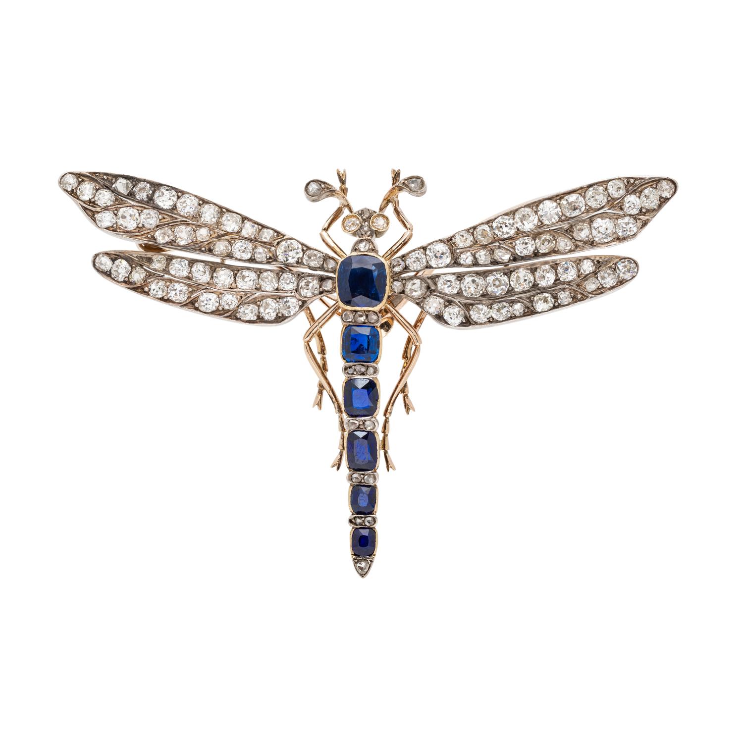 ANTIQUE, SILVER-TOPPED GOLD, SAPPHIRE AND DIAMOND DRAGONFLY PENDANT/BROOCH