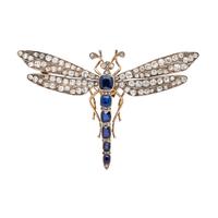 ANTIQUE, SILVER-TOPPED GOLD, SAPPHIRE AND DIAMOND DRAGONFLY PENDANT/BROOCH
