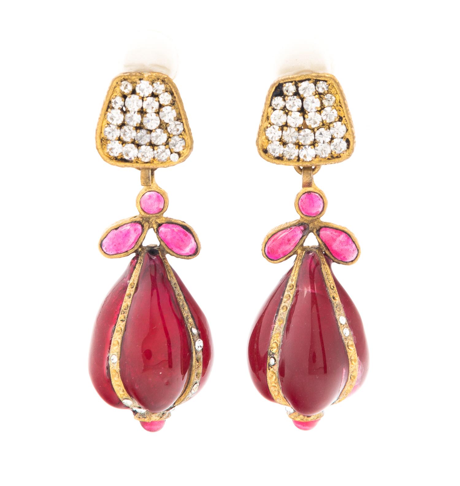 A Pair of Chanel Pink and Red Gripoix Drop Earclips, 3" x 1.25".