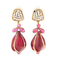 A Pair of Chanel Pink and Red Gripoix Drop Earclips, 3" x 1.25".