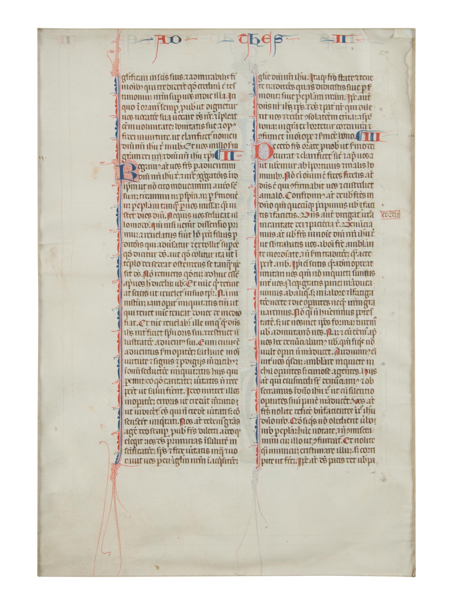 ANONYMOUS SOUTHERN FRENCH ILLUMINATOR Single leaf with an illuminated initial ‘A’ and a historiated initial ‘P’ depicting St. Paul standing between two pillars, from the Mailhac-Faber Bible, in Latin, illuminated manuscript on parchment [southern France, late thirteenth or early fourteenth century]