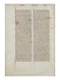 ANONYMOUS SOUTHERN FRENCH ILLUMINATOR Single leaf with an illuminated initial ‘A’ and a historiated initial ‘P’ depicting St. Paul standing between two pillars, from the Mailhac-Faber Bible, in Latin, illuminated manuscript on parchment [southern France, late thirteenth or early fourteenth century]