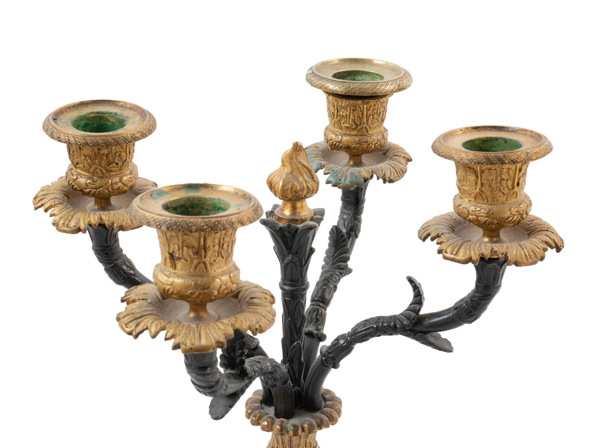 A Pair of Empire Gilt and Patinated Bronze Four-Light Candelabra