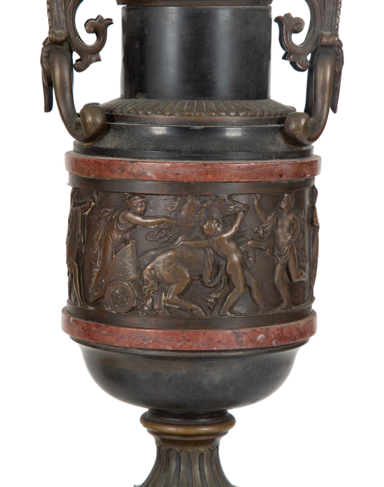 A Pair of Continental Bronze Urns with Rouge Marble Banding — 19TH/20TH CENTURY