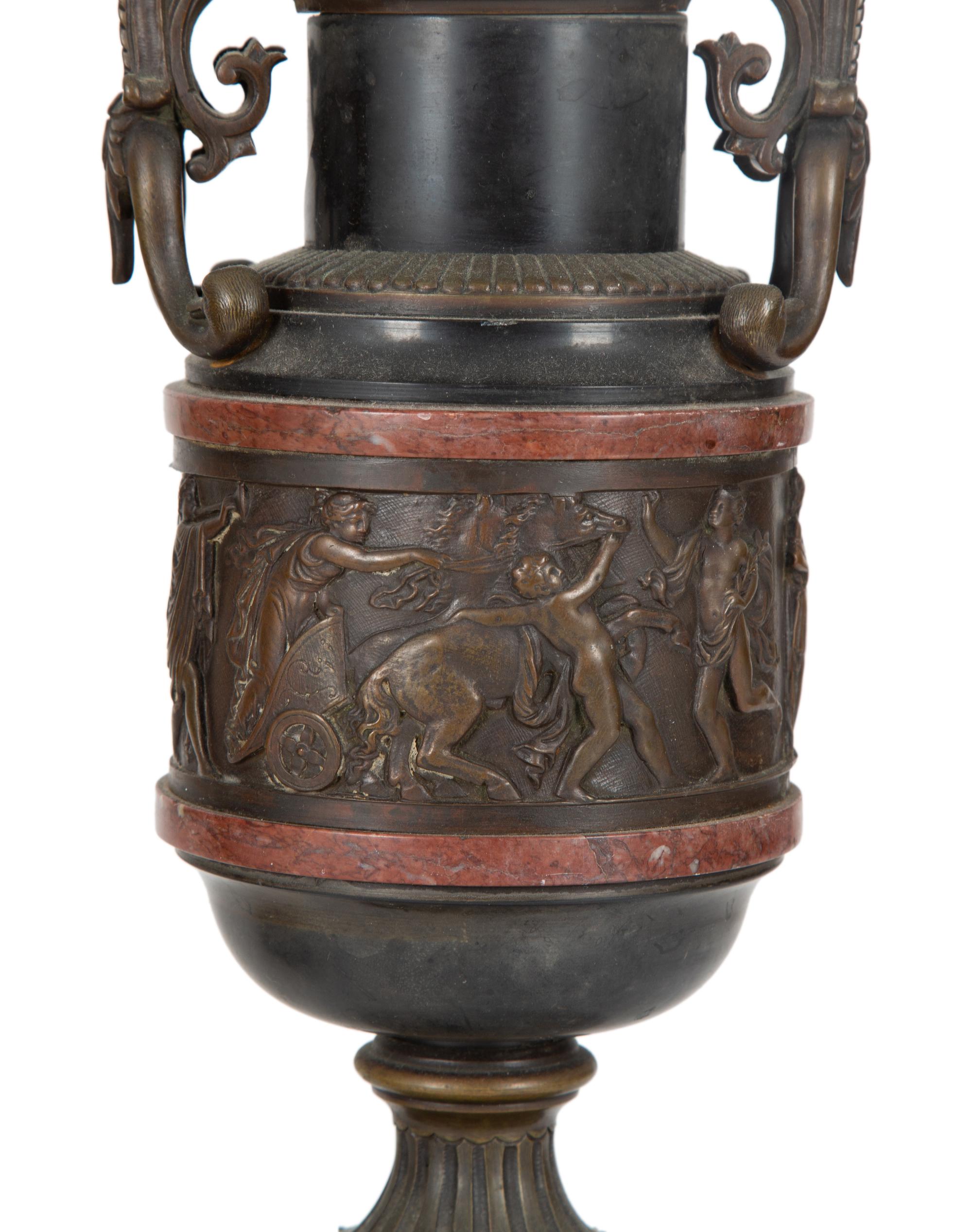 A Pair of Continental Bronze Urns with Rouge Marble Banding — 19TH/20TH CENTURY