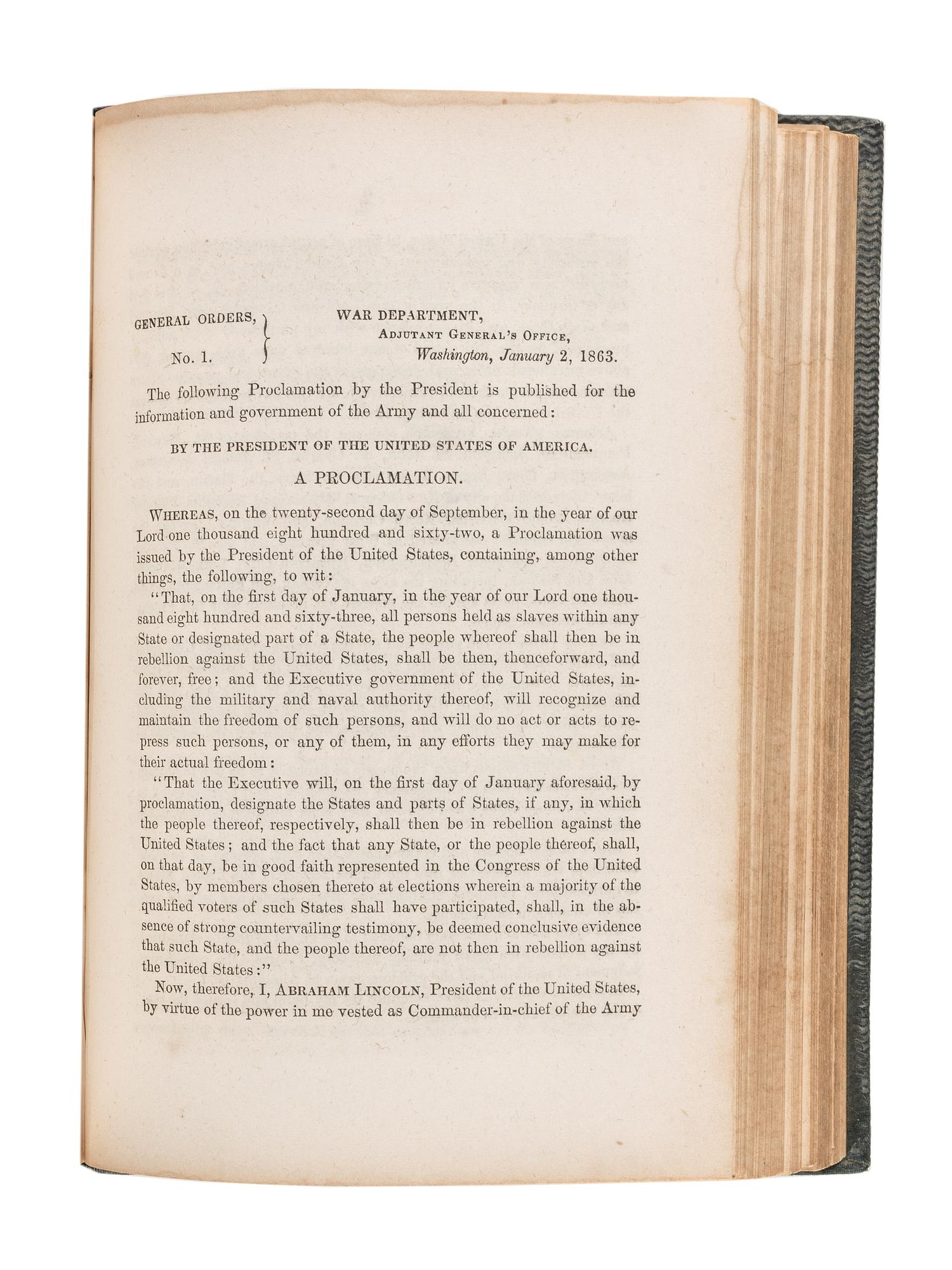 [AFRICAN AMERICANA] -- [CIVIL WAR]. A Sammelband of General Orders Affecting the Volunteer Force , for the years 1861, 1862, and 1863, including the Emancipation Proclamation. Identified to Union Surgeon George S. Kemble.