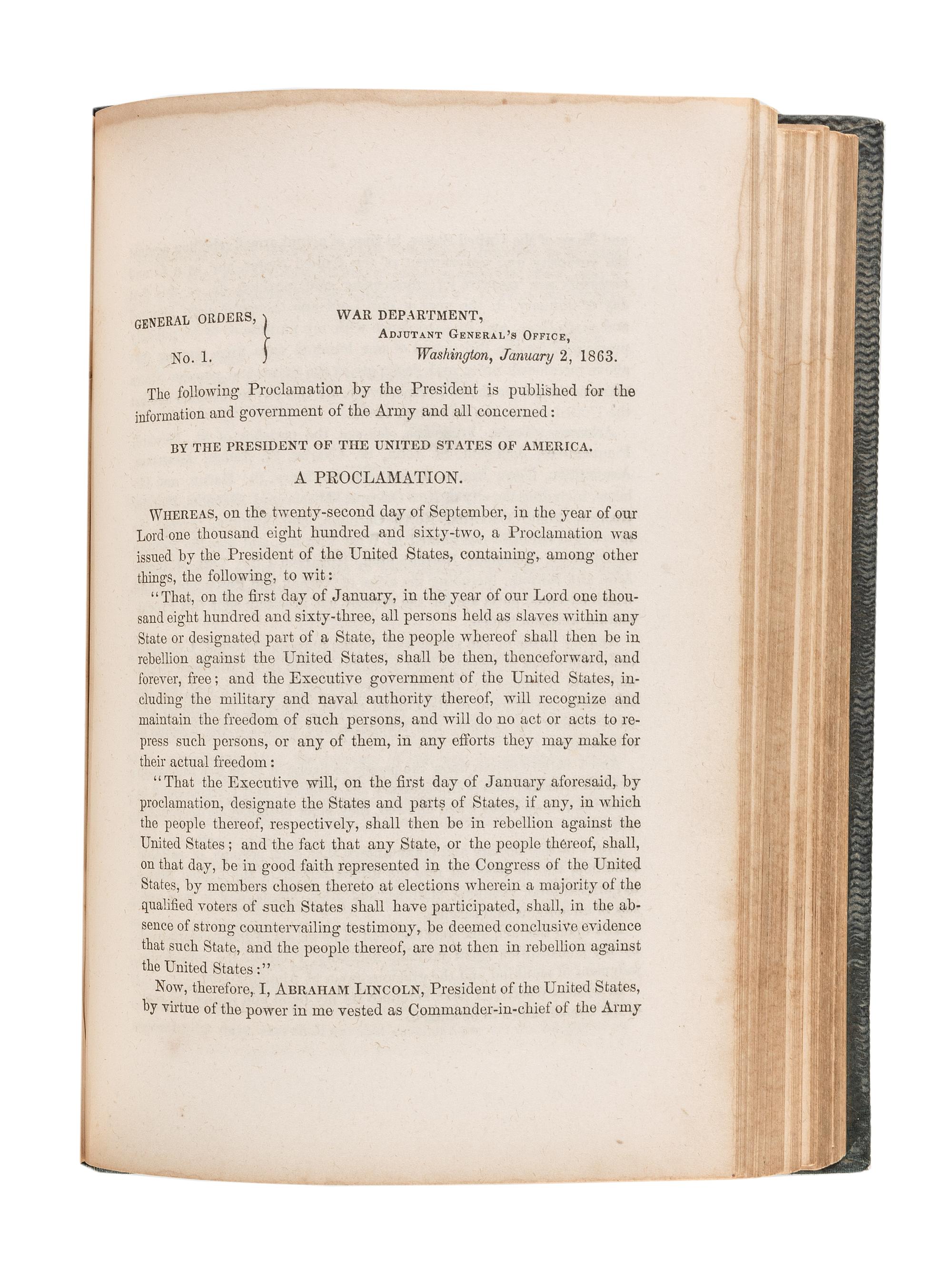 [AFRICAN AMERICANA] -- [CIVIL WAR]. A Sammelband of General Orders Affecting the Volunteer Force , for the years 1861, 1862, and 1863, including the Emancipation Proclamation. Identified to Union Surgeon George S. Kemble.