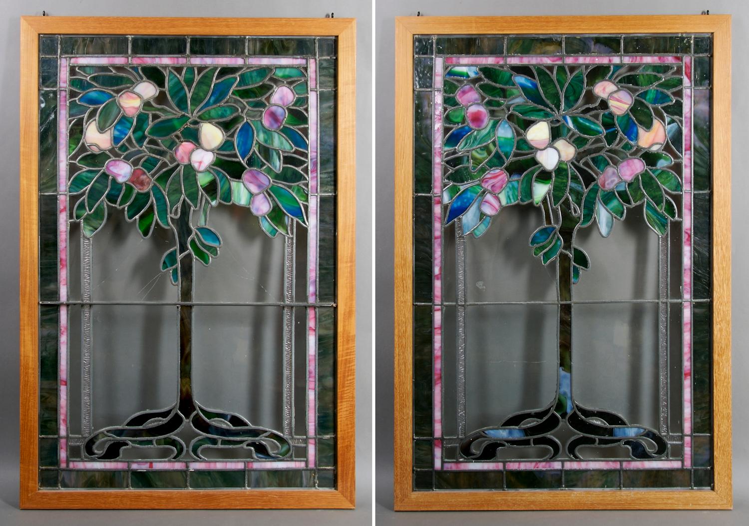 A Pair of American Leaded Glass Windows, Height 39 x width 26 1/2 inches.