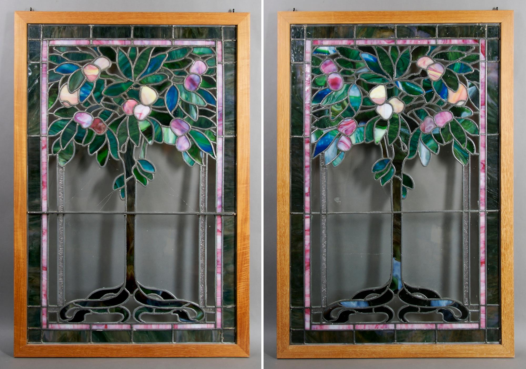 A Pair of American Leaded Glass Windows, Height 39 x width 26 1/2 inches.